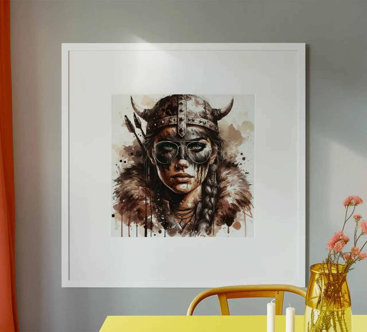 Acquerello Donna vichinga moderna poster con telaio in plastica da Chromatic Fusion Studio