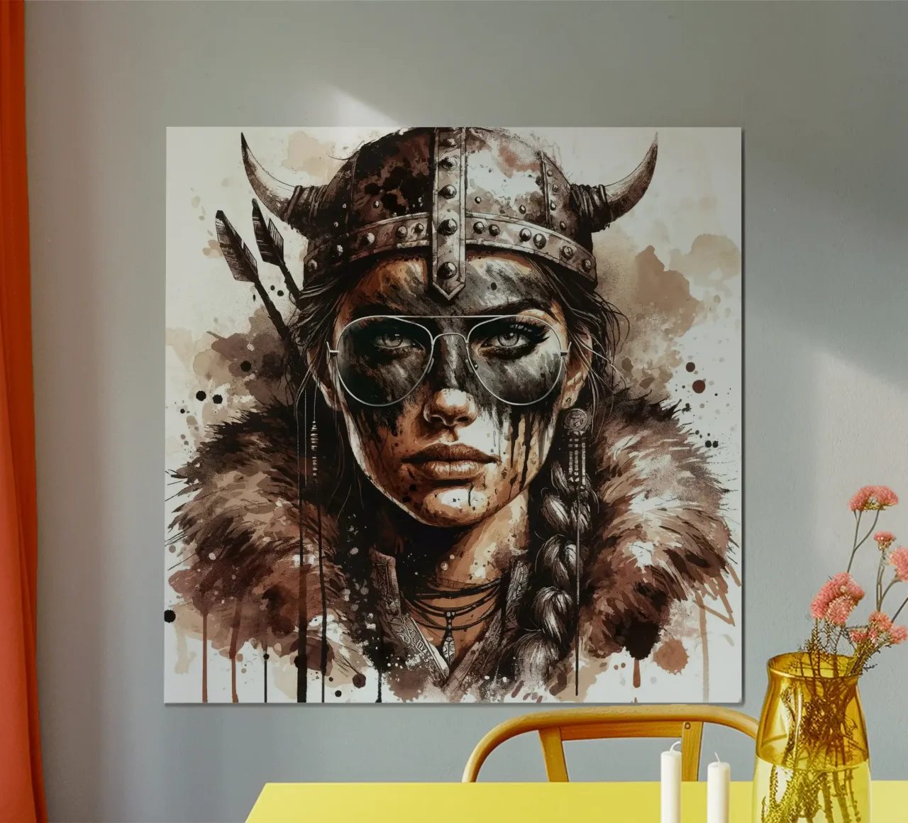 Acquerello Donna vichinga moderna poster con telaio in plastica da Chromatic Fusion Studio