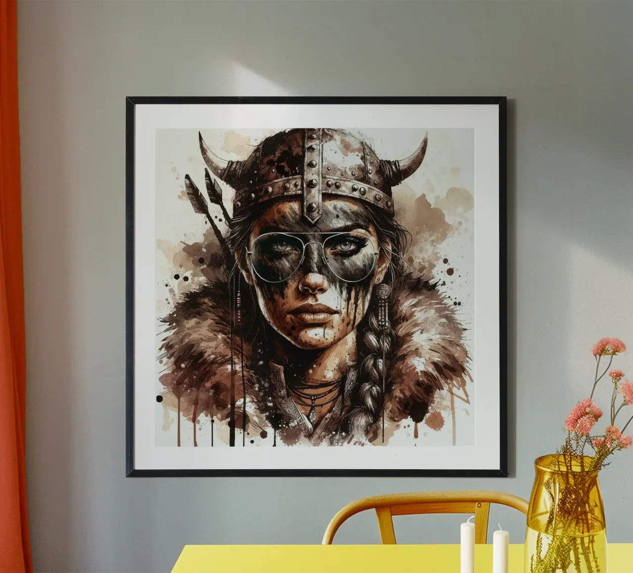Acquerello Donna vichinga moderna poster con telaio in plastica da Chromatic Fusion Studio