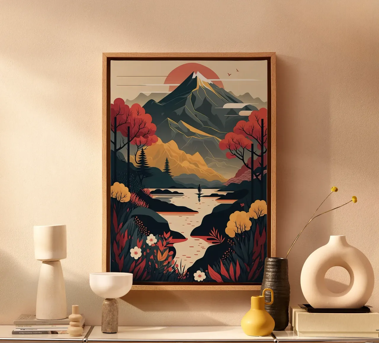 Giappone Pittura di paesaggio tela con Cornice a cassetta da Mikesell