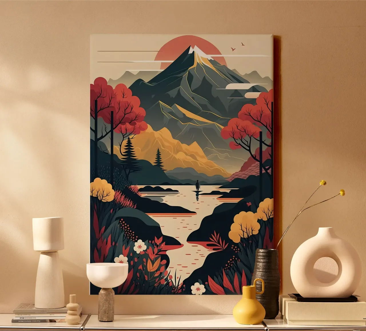 Giappone Pittura di paesaggio tela con Cornice a cassetta da Mikesell