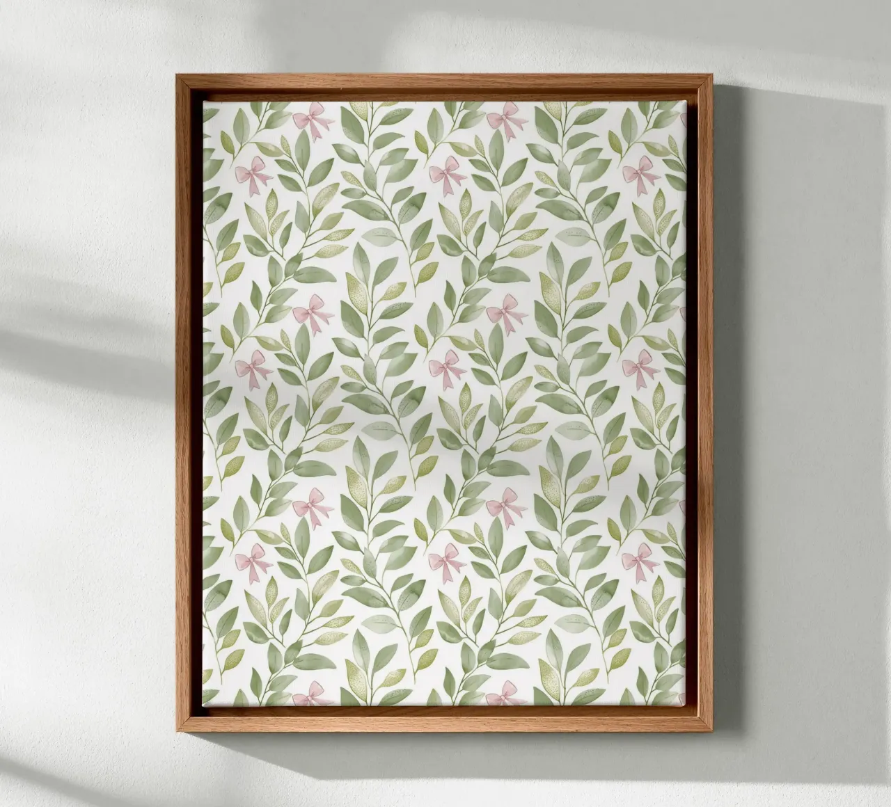 Boho Leaves Pink Bow Spring Greenery Botany Nature Motifs canvas with Floater frame by Gentle Echoes Art