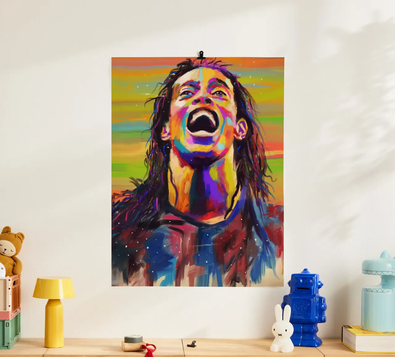 Ronaldinho, ritratto pop art colorato poster con telaio in legno da Hantamrata