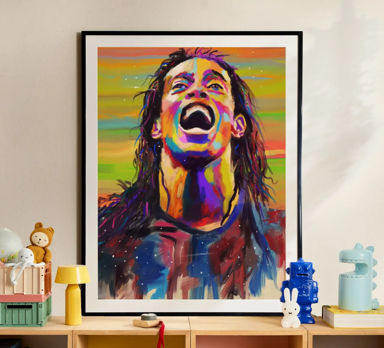 Ronaldinho, ritratto pop art colorato poster con telaio in legno da Hantamrata