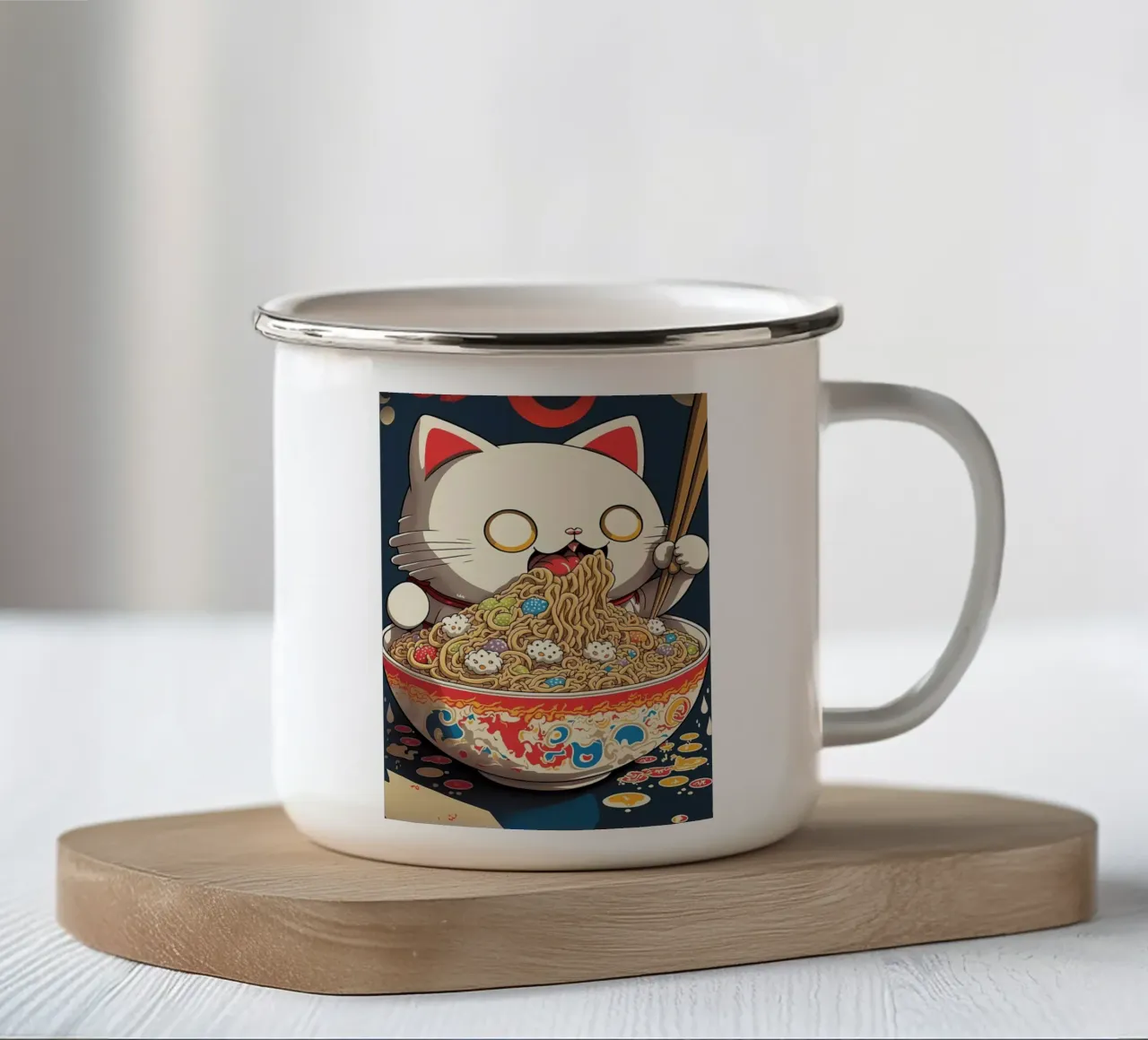 Kat die Ramen eet emaille mok van Mikesell