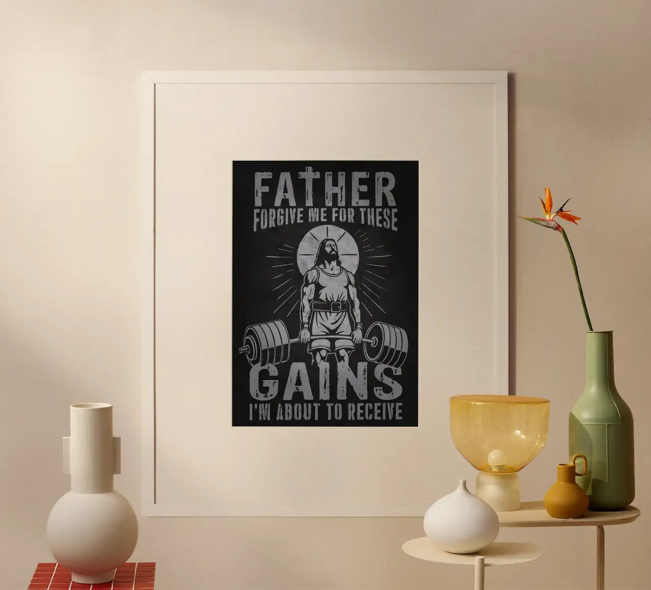 Jezus tilt gewichten, Vader vergeef deze gewichten poster van Delaplane