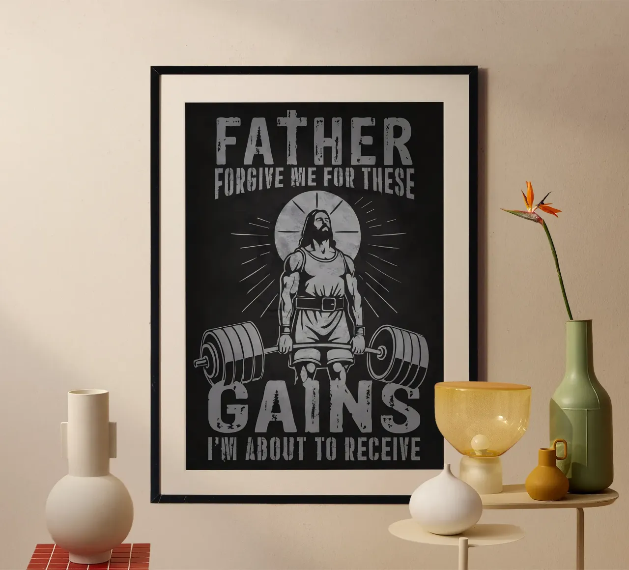 Jezus tilt gewichten, Vader vergeef deze gewichten poster van Delaplane