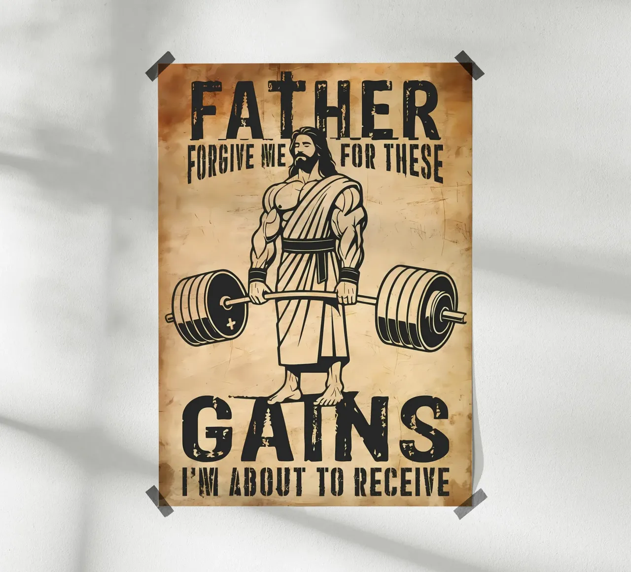 Jezus Gewichtheffen Vader Vergeef Me Voor Deze Aanwinsten Ik Ben poster van Delaplane
