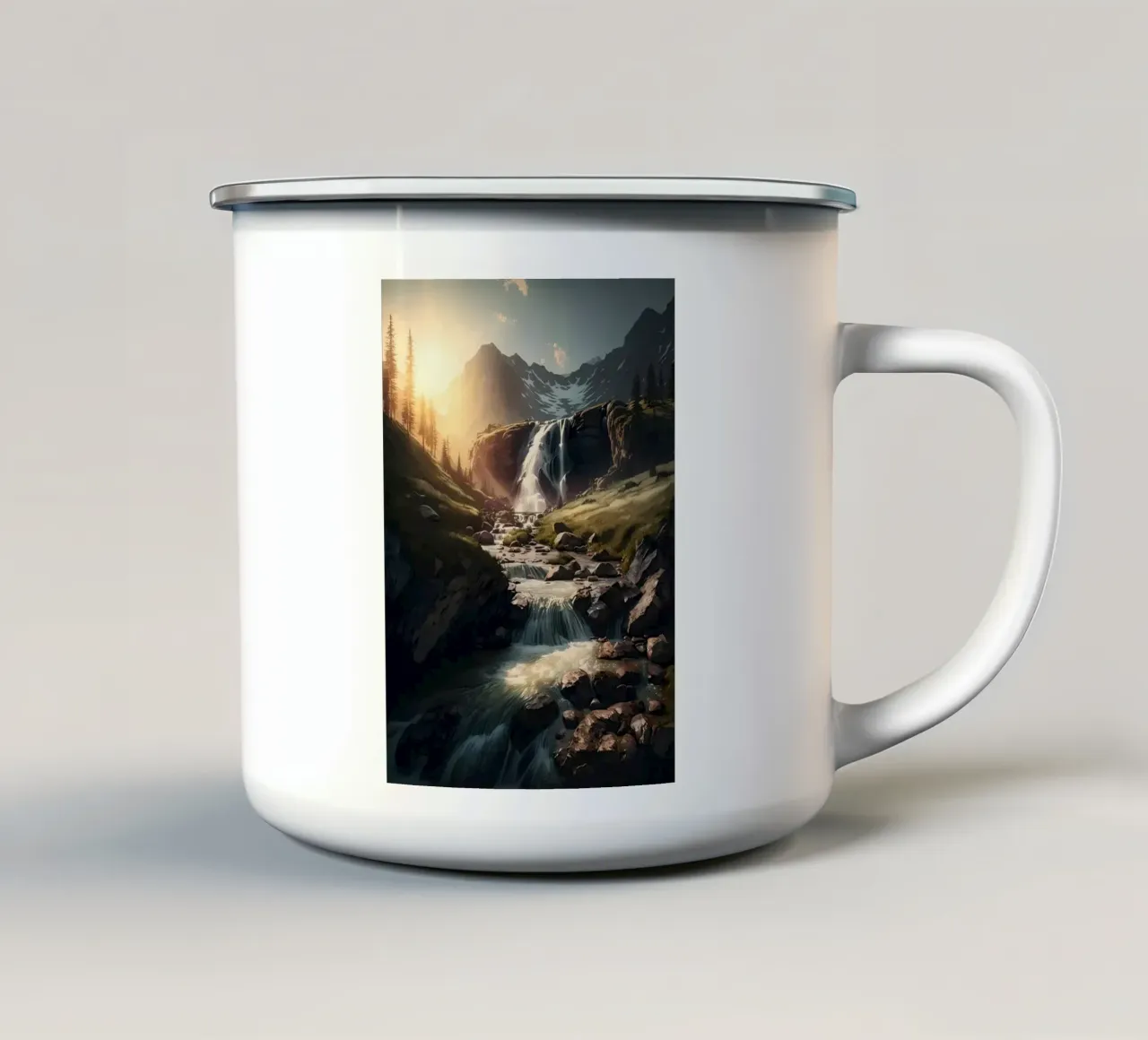 Cascata al tramonto tazza in smalto da Ginnery