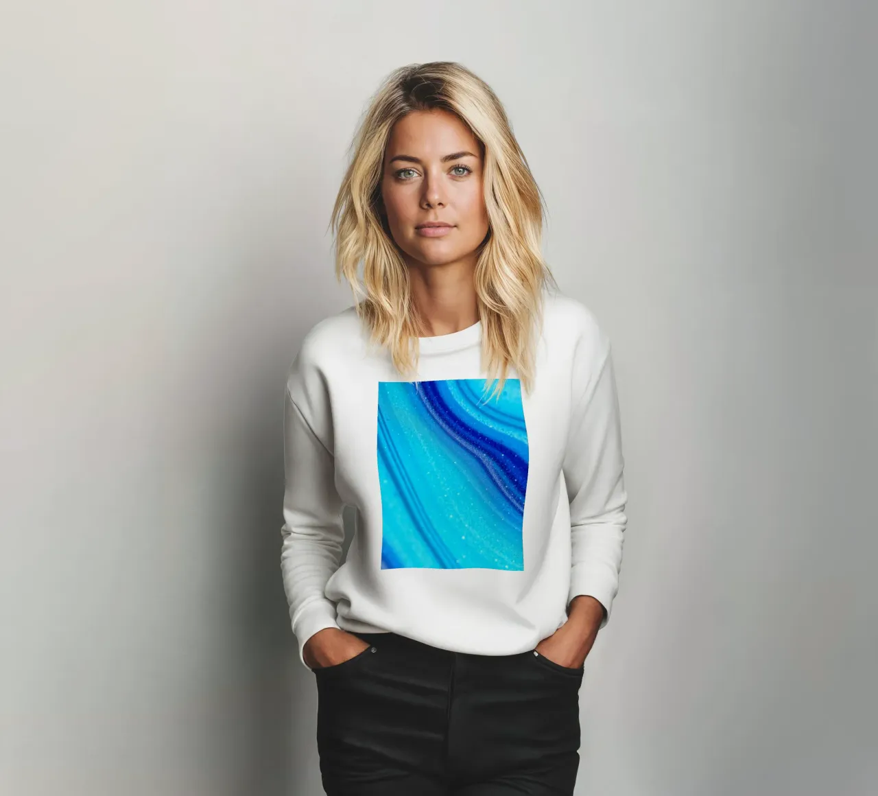 Vibrant abstract flowing blue waves and shimmering elements sweatshirt by DesignDoodle