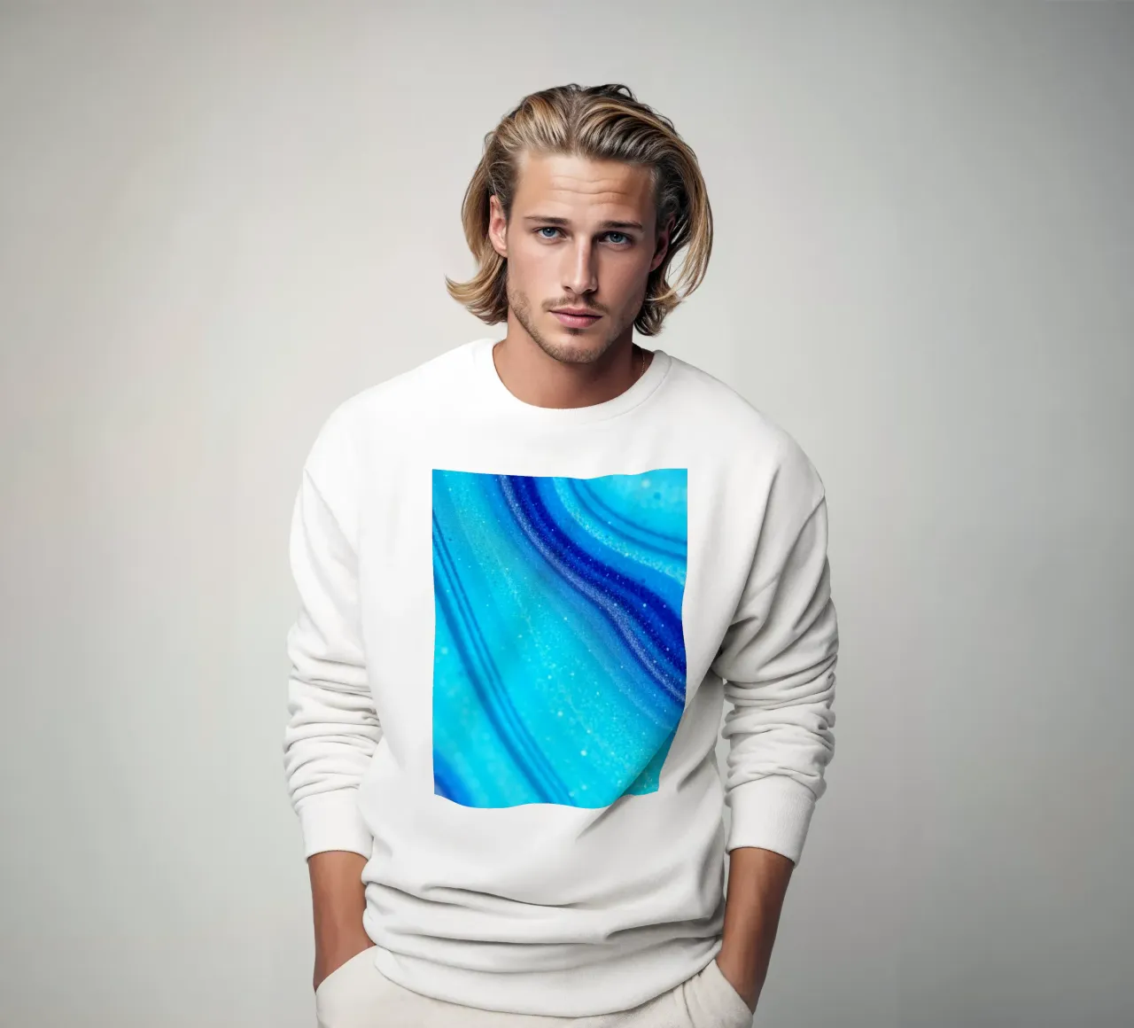 Vibrant abstract flowing blue waves and shimmering elements sweatshirt by DesignDoodle