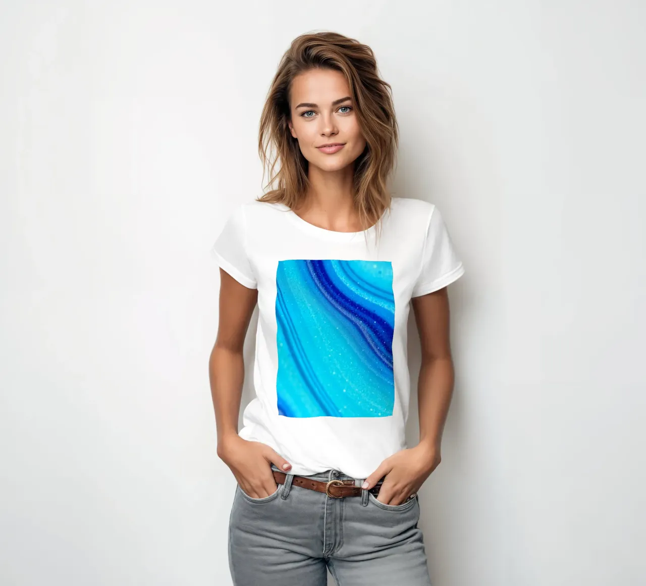 Vibrant abstract flowing blue waves and shimmering elements women's fitted t-shirt by DesignDoodle