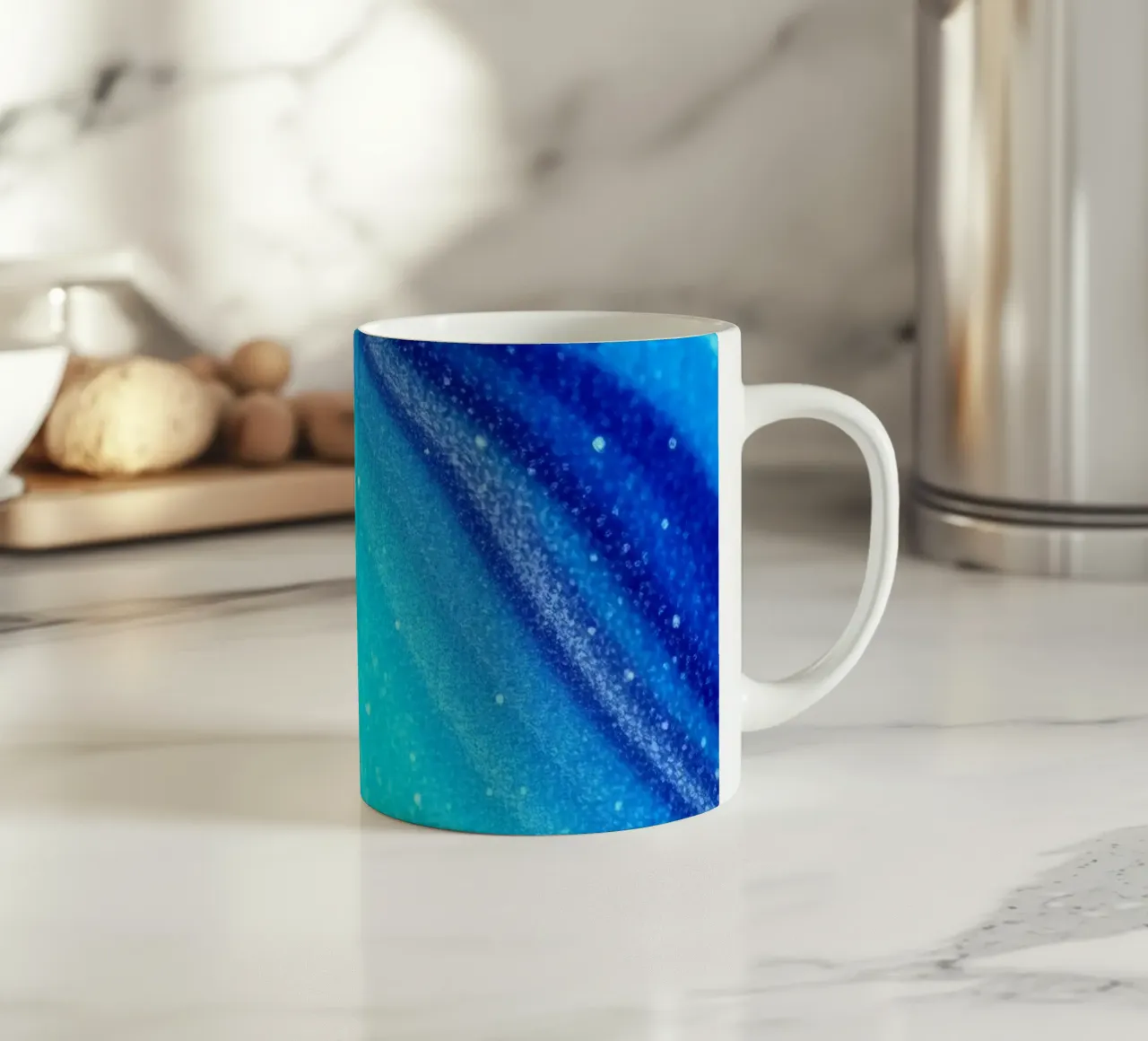 Vibrant abstract flowing blue waves and shimmering elements ceramic mug by DesignDoodle