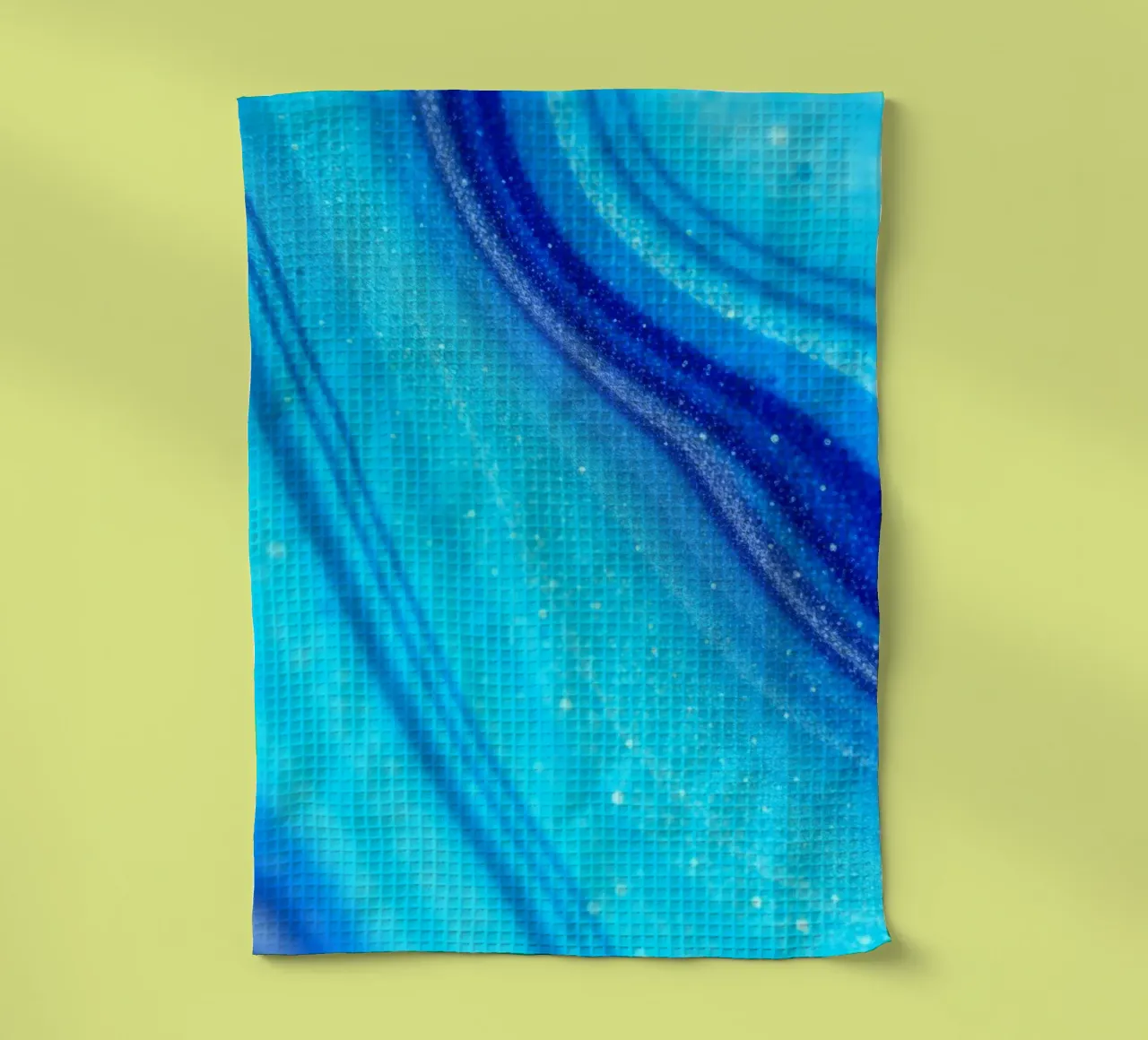 Vibrant abstract flowing blue waves and shimmering elements tea towel by DesignDoodle