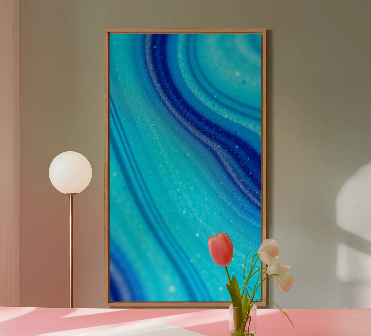 Vibrant abstract flowing blue waves and shimmering elements alu-dibond by DesignDoodle