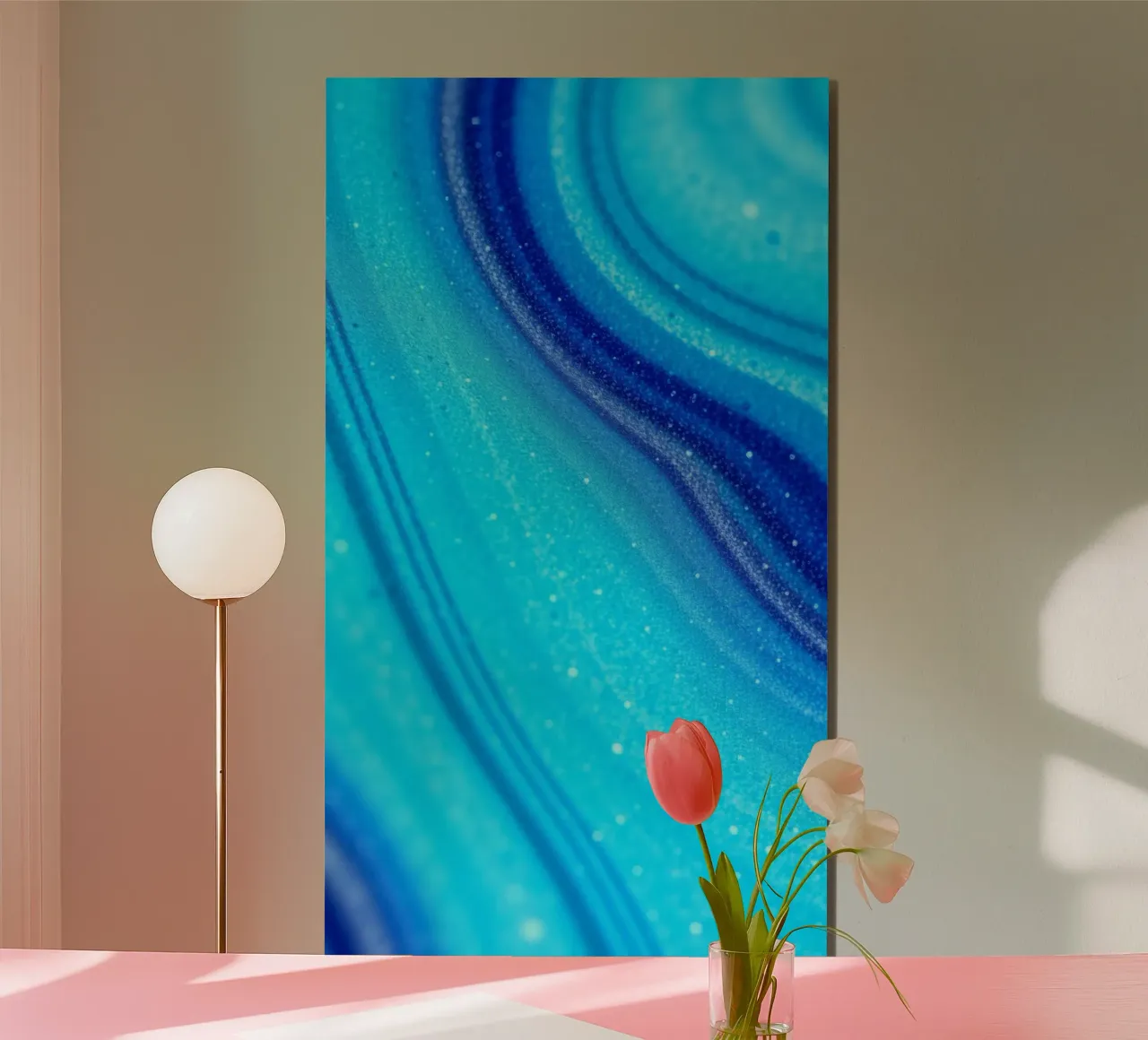 Vibrant abstract flowing blue waves and shimmering elements alu-dibond by DesignDoodle