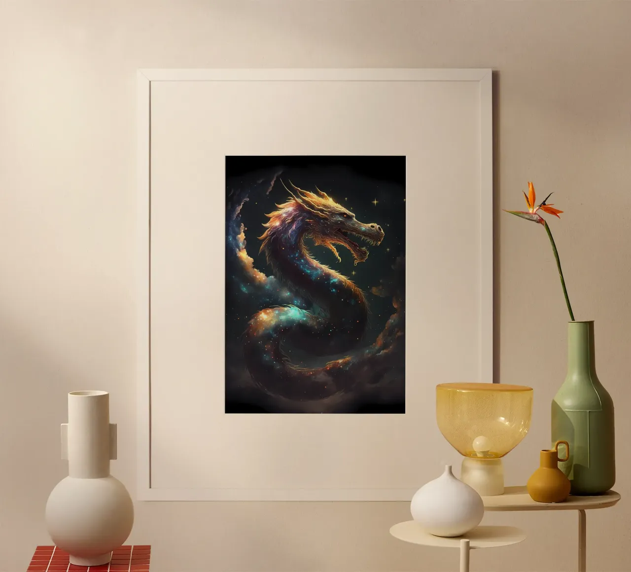 Drago spaziale fantasy poster con telaio in legno da Mikesell