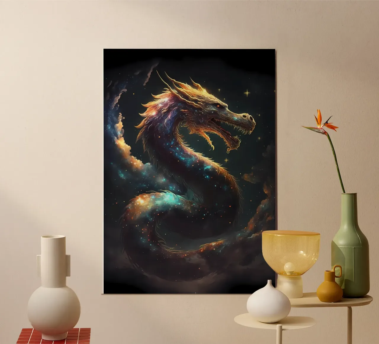 Drago spaziale fantasy poster con telaio in legno da Mikesell
