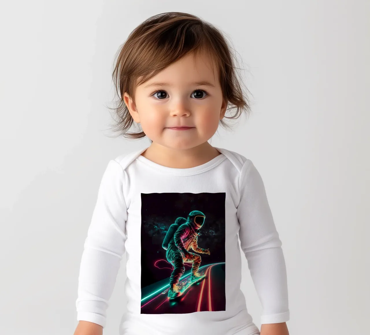 Neon Astronaut in Space long-sleeve baby romper by Mikesell