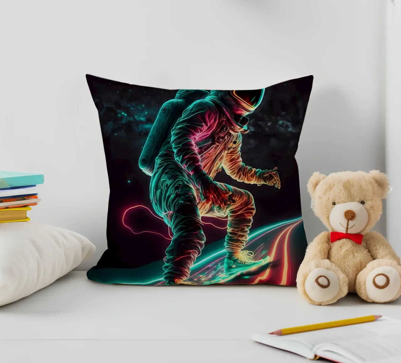 Neon Astronaut in Space decorative cushion by Mikesell