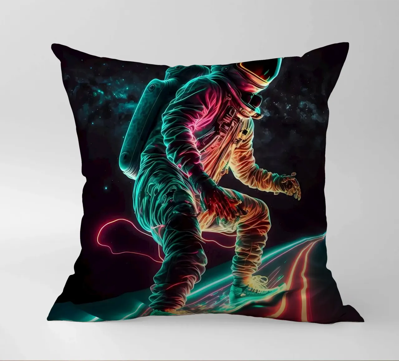 Neon Astronaut in Space decorative cushion by Mikesell
