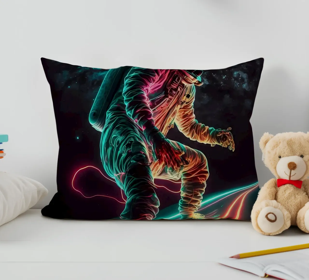 Neon Astronaut in Space decorative cushion by Mikesell