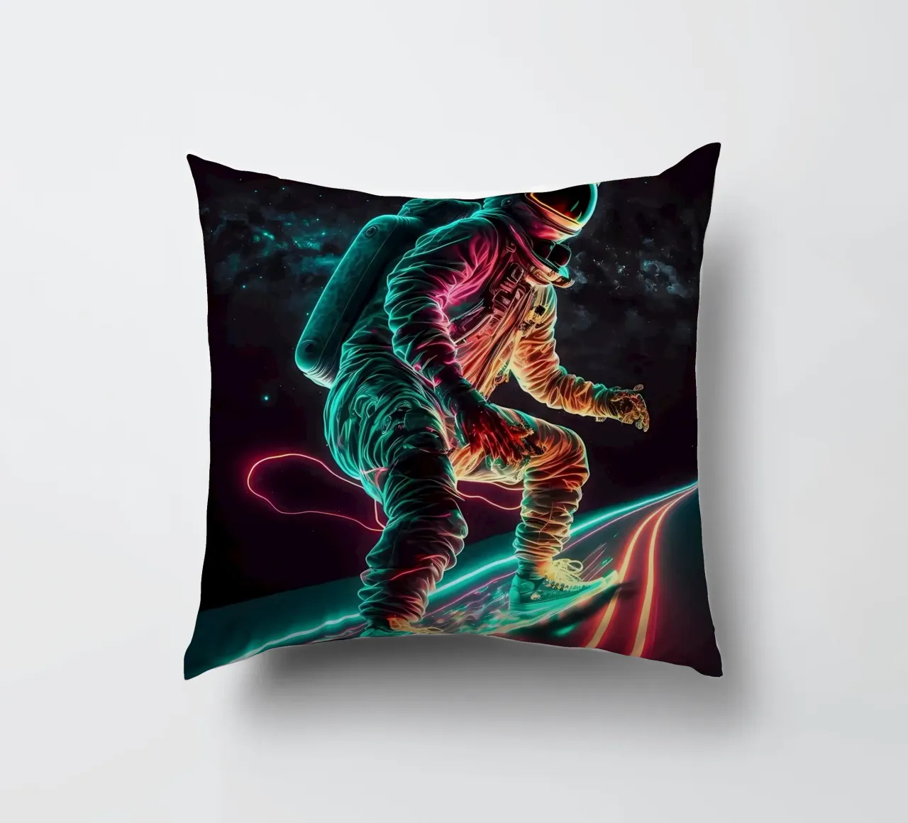 Neon Astronaut in Space decorative cushion by Mikesell