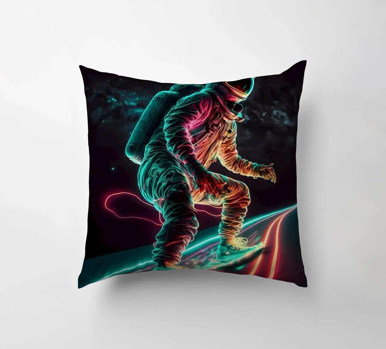 Neon Astronaut in Space decorative cushion by Mikesell