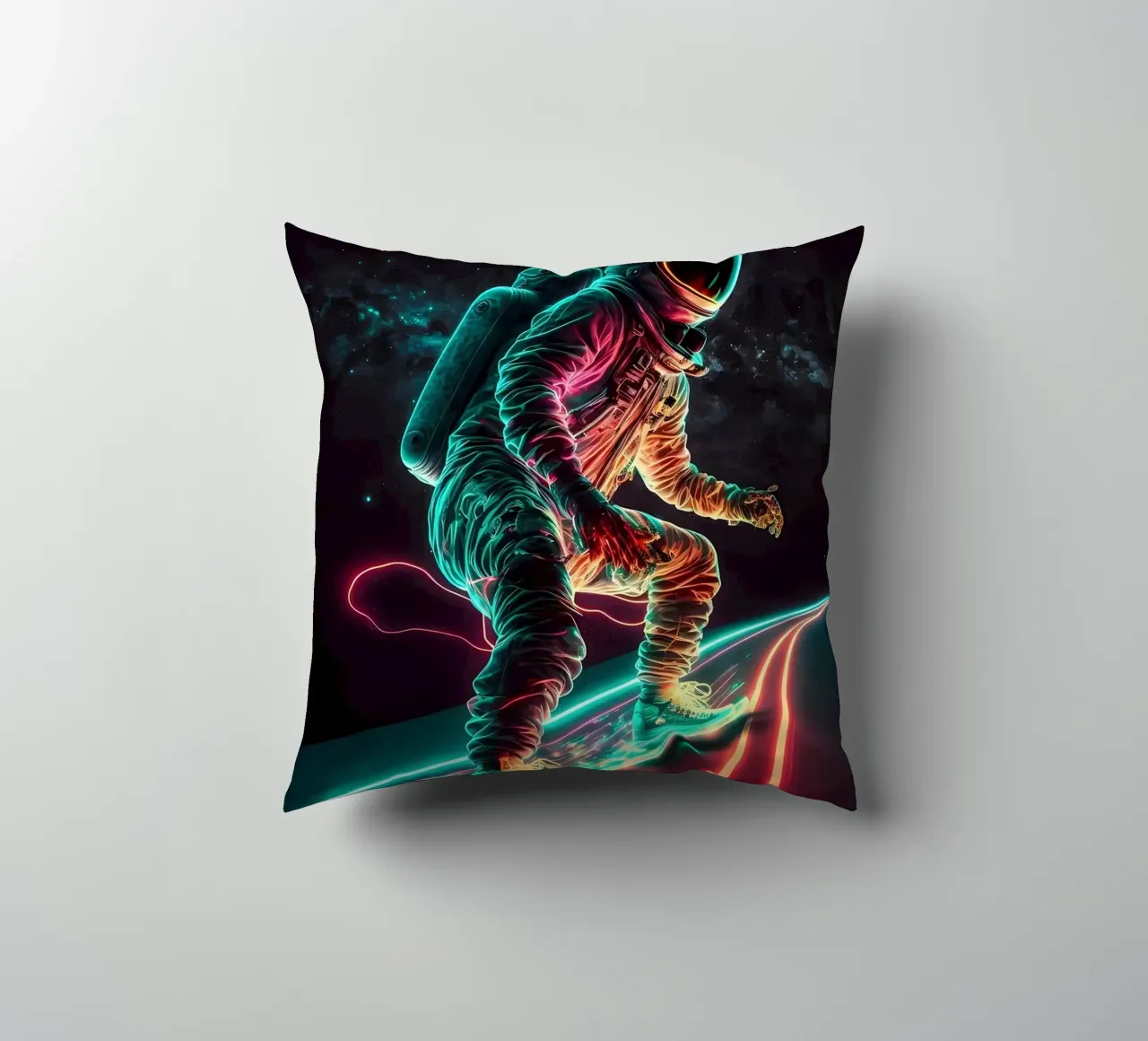Neon Astronaut in Space decorative cushion by Mikesell