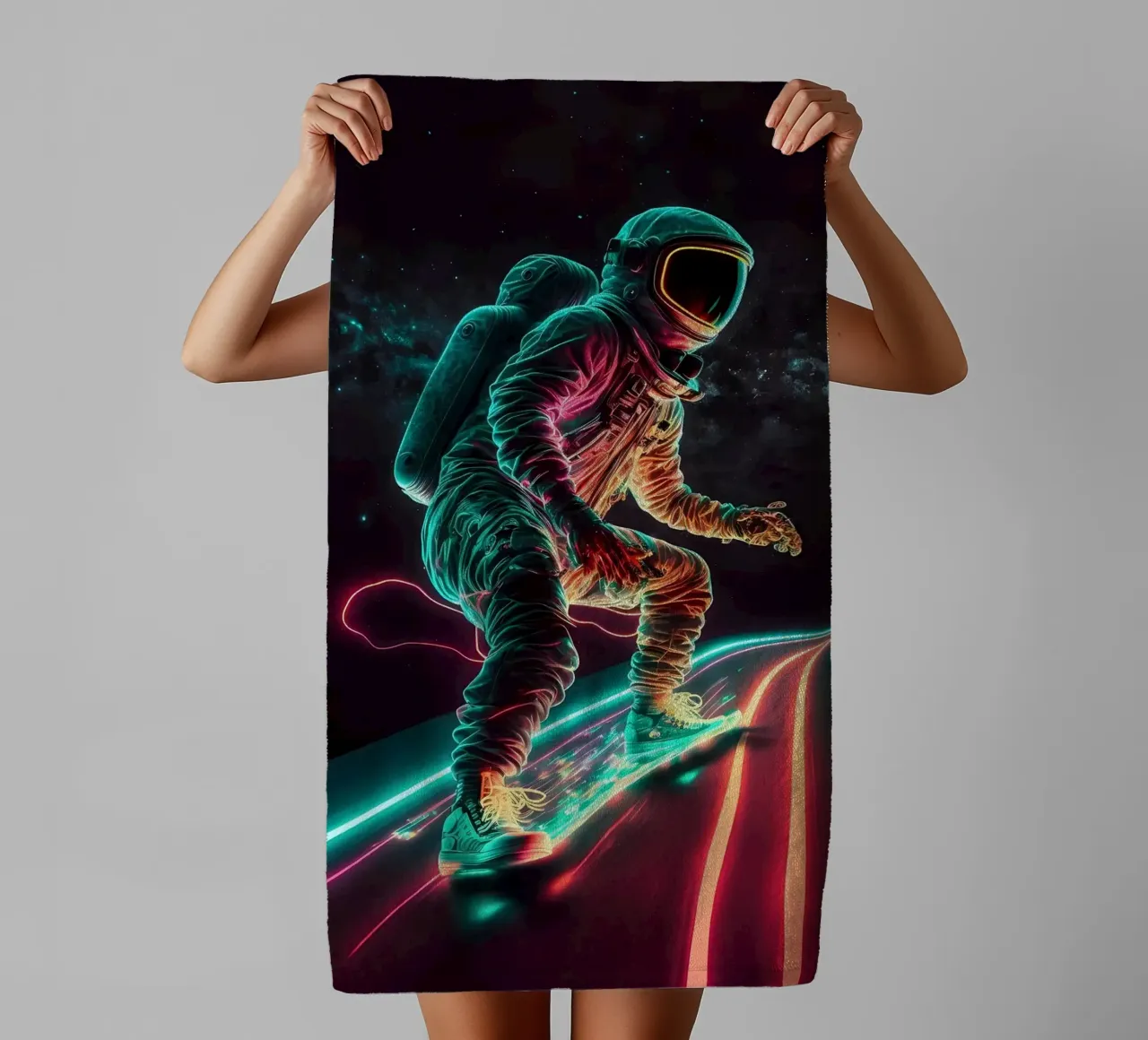 Neon Astronaut in Space towel by Mikesell