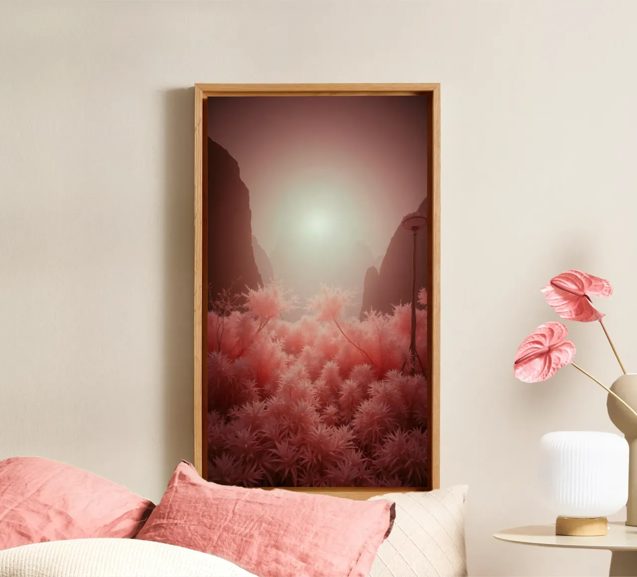 Stupefacente fogliame rosa surreale e montagne nebbiose tela con Cornice a cassetta da DesignDoodle