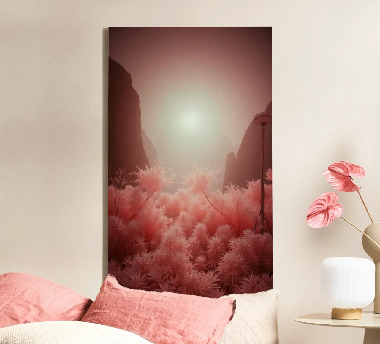 Stupefacente fogliame rosa surreale e montagne nebbiose tela con Cornice a cassetta da DesignDoodle
