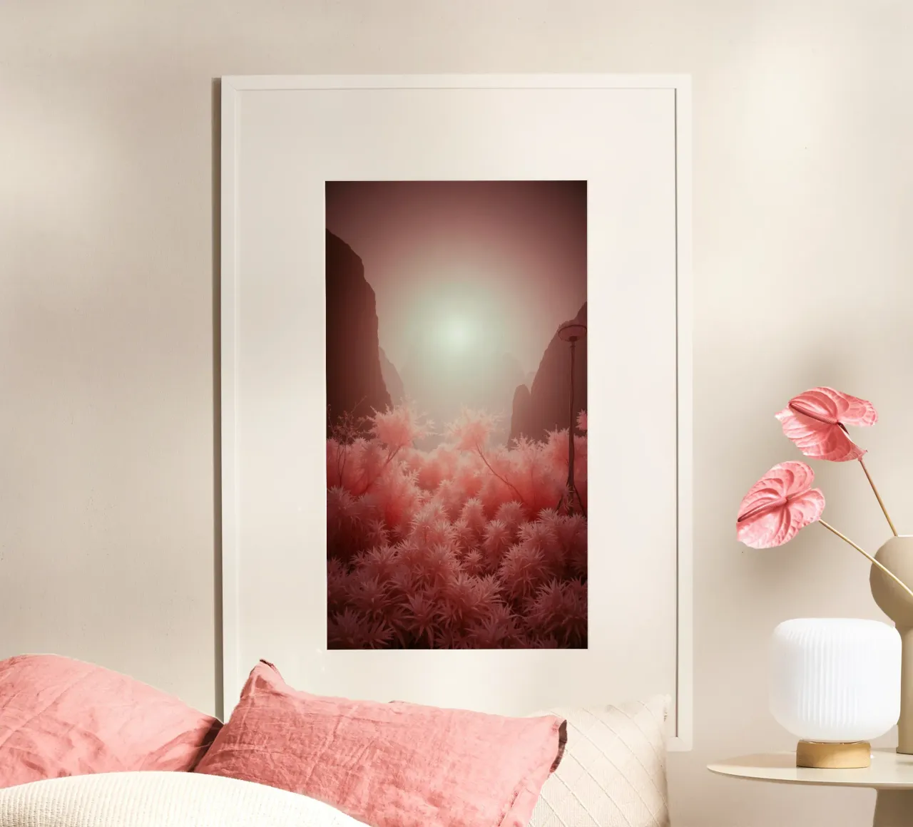 Stupefacente fogliame rosa surreale e montagne nebbiose poster da DesignDoodle