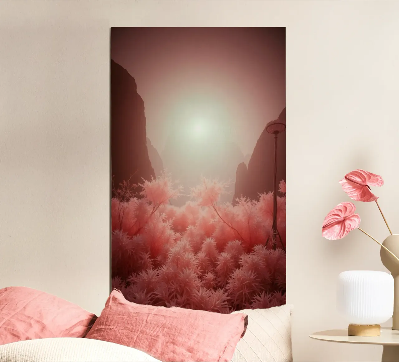 Stupefacente fogliame rosa surreale e montagne nebbiose poster da DesignDoodle
