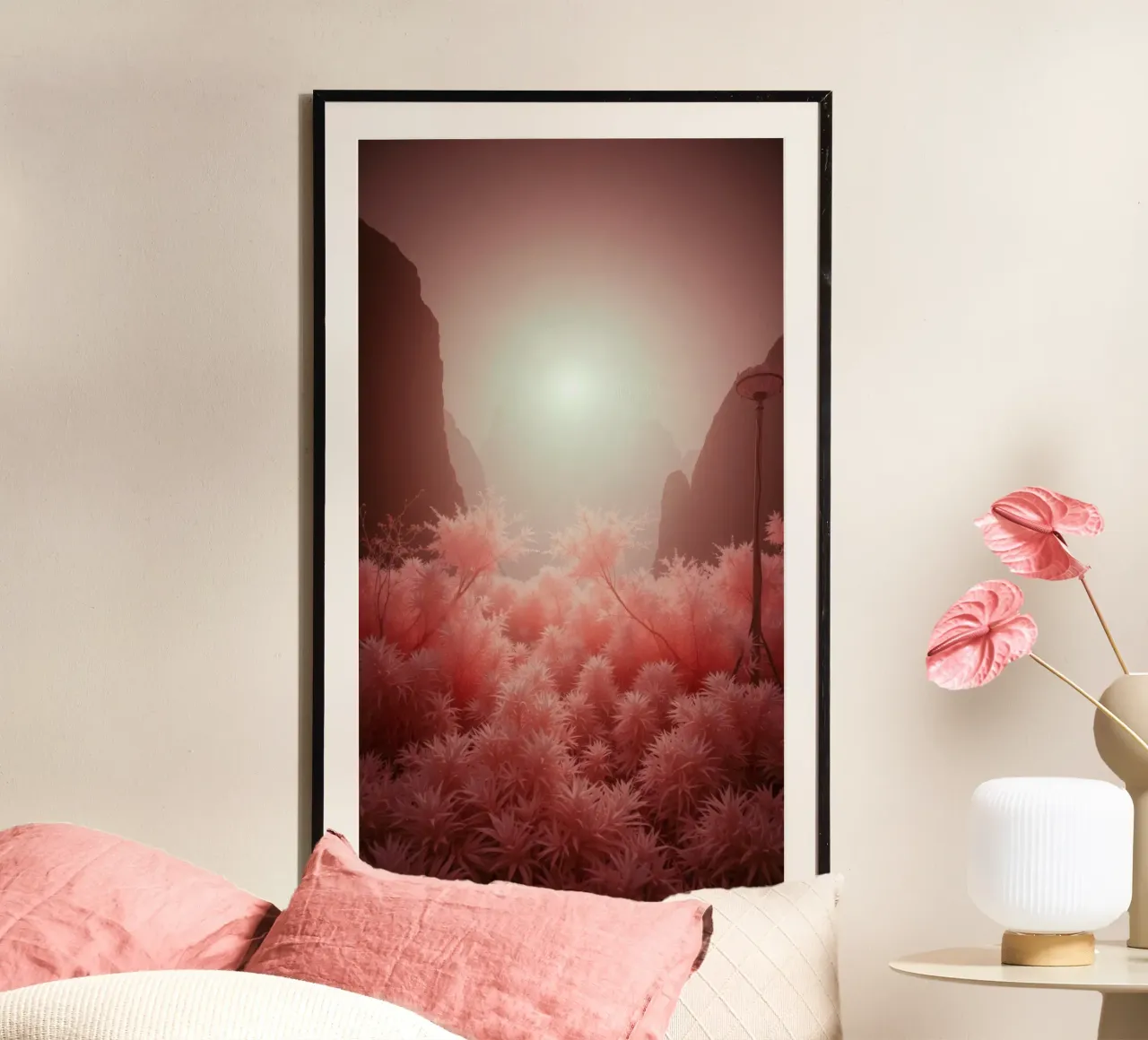 Stupefacente fogliame rosa surreale e montagne nebbiose poster da DesignDoodle