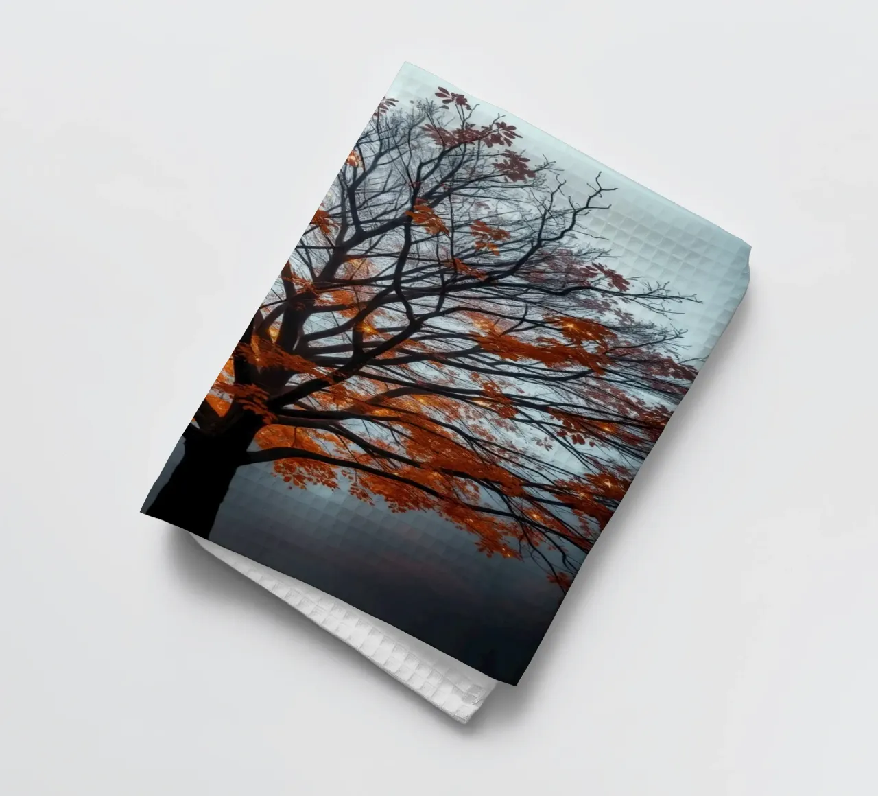 Albero maestoso con foglie autunnali che si erge alto canovaccio da cucina da DesignDoodle