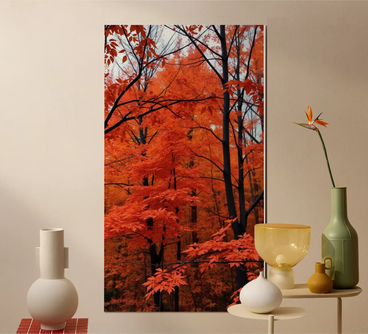 Il fogliame arancione vibrante fa da sfondo a un'ambientazione straordinaria poster con telaio in alluminio da DesignDoodle