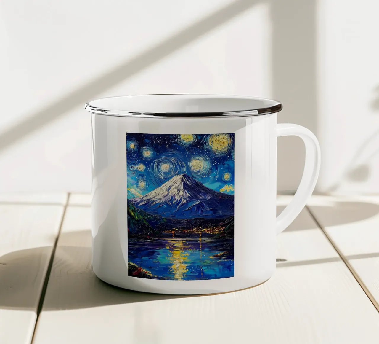 Notte stellata sul monte Fuji tazza in smalto da Ginnery