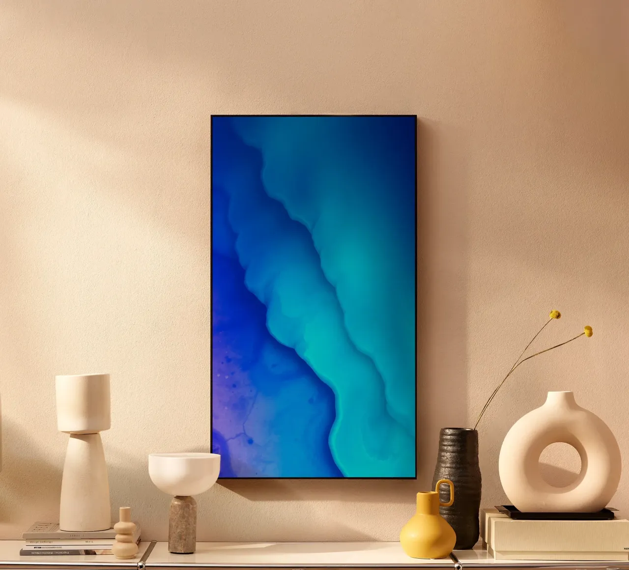 Vibrant blue abstract design for featuring smooth swirls acrylic glass by DesignDoodle