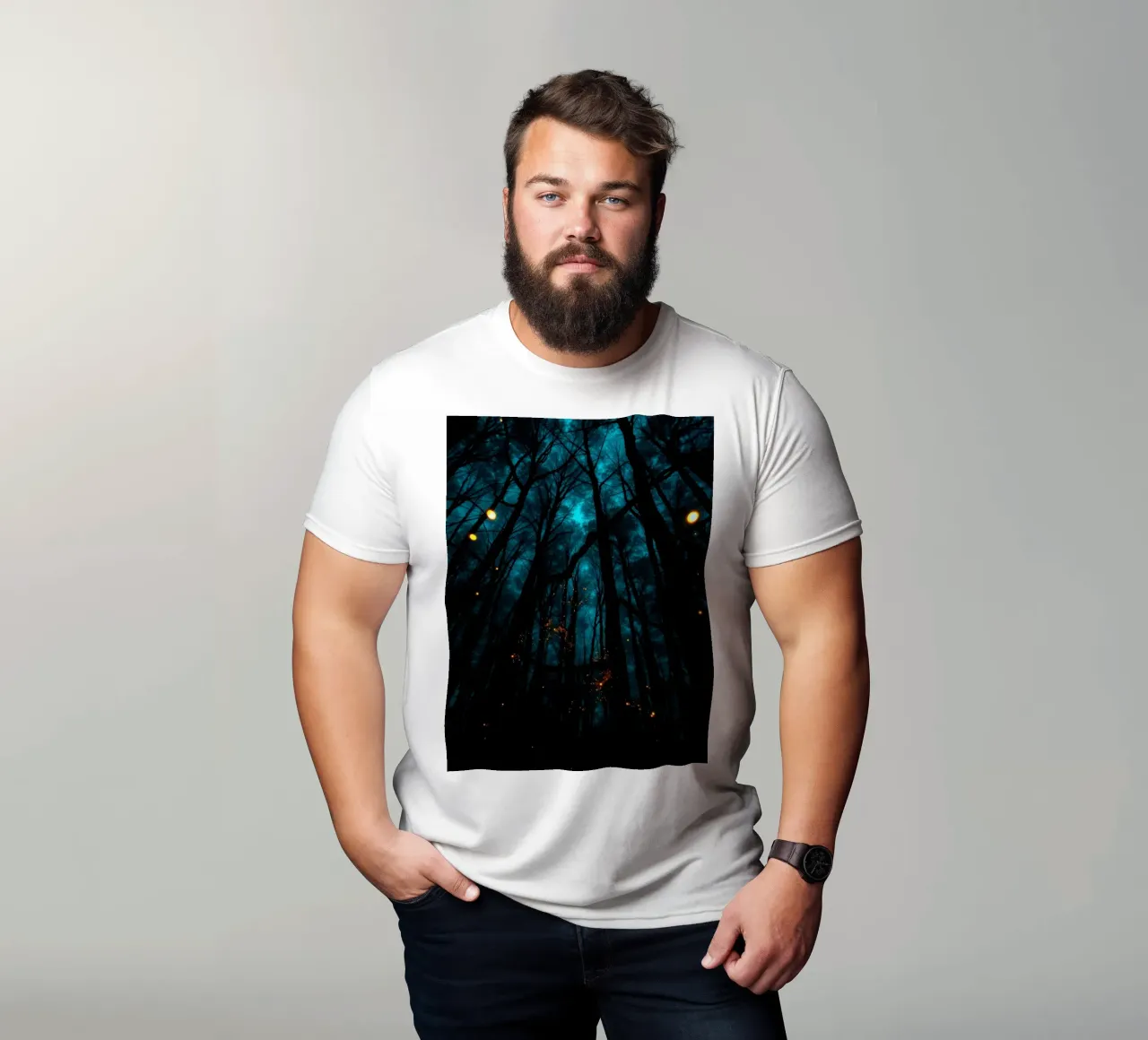 Explore dreamy blue forest scenery with glowing lights t-shirt by DesignDoodle