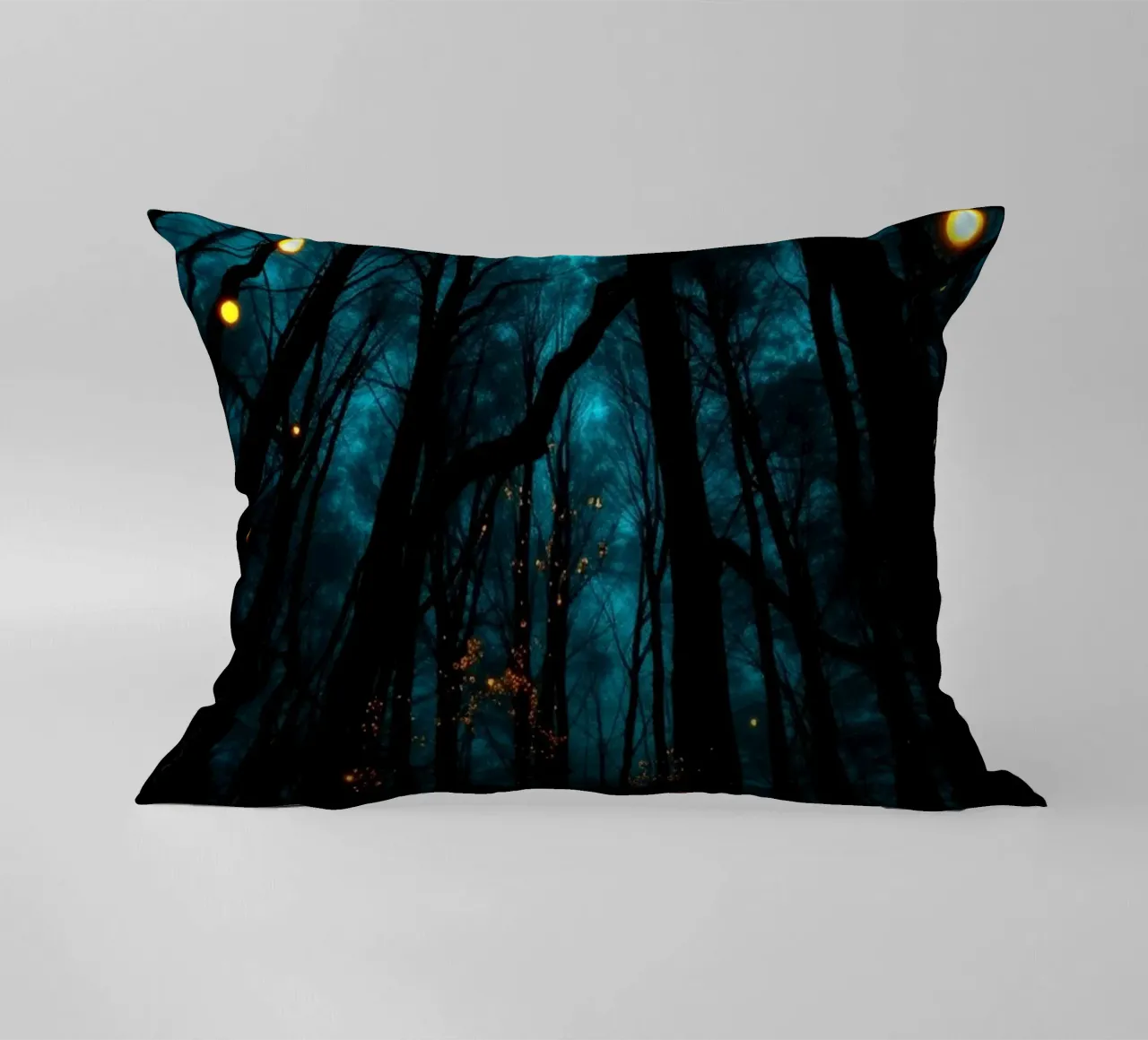 Explore dreamy blue forest scenery with glowing lights decorative cushion by DesignDoodle