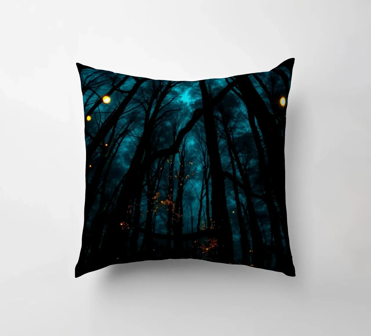 Explore dreamy blue forest scenery with glowing lights decorative cushion by DesignDoodle