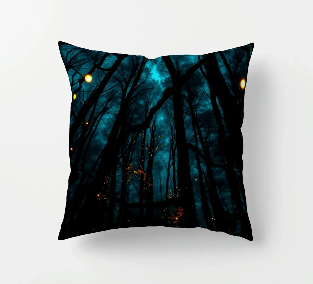 Explore dreamy blue forest scenery with glowing lights decorative cushion by DesignDoodle