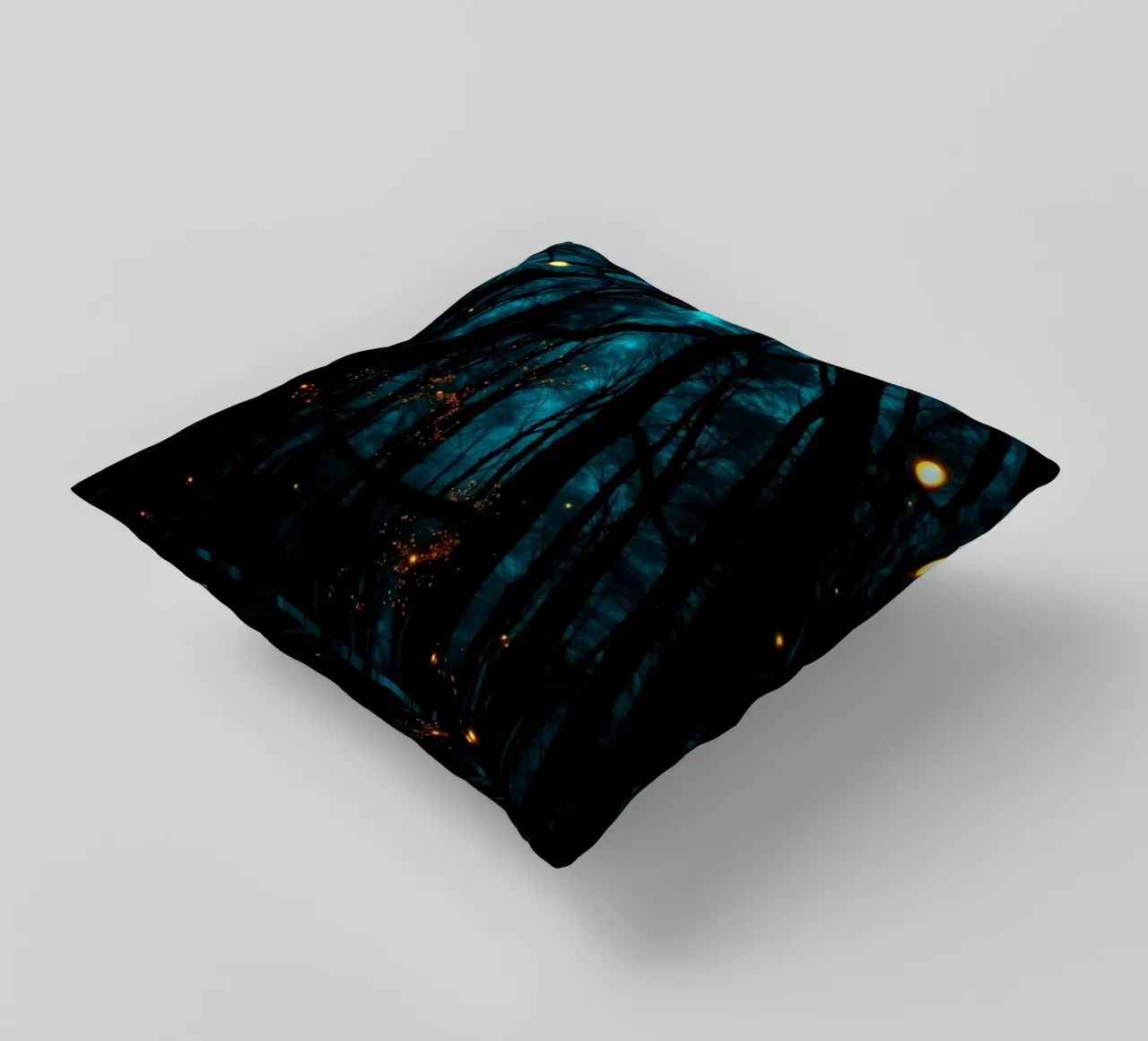 Explore dreamy blue forest scenery with glowing lights decorative cushion by DesignDoodle