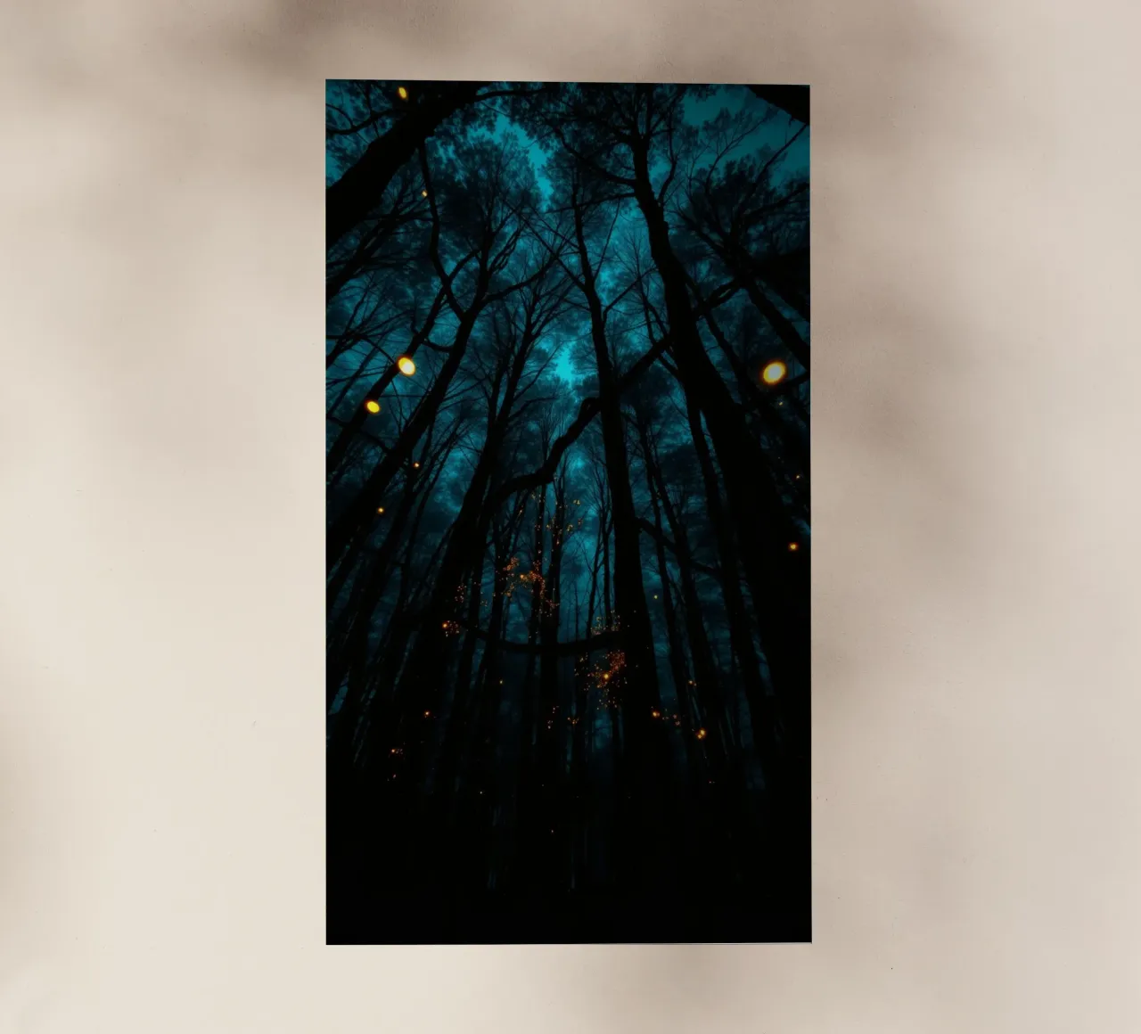 Explora un bosque azul de ensueño con luces resplandecientes lámina retroiluminada de DesignDoodle