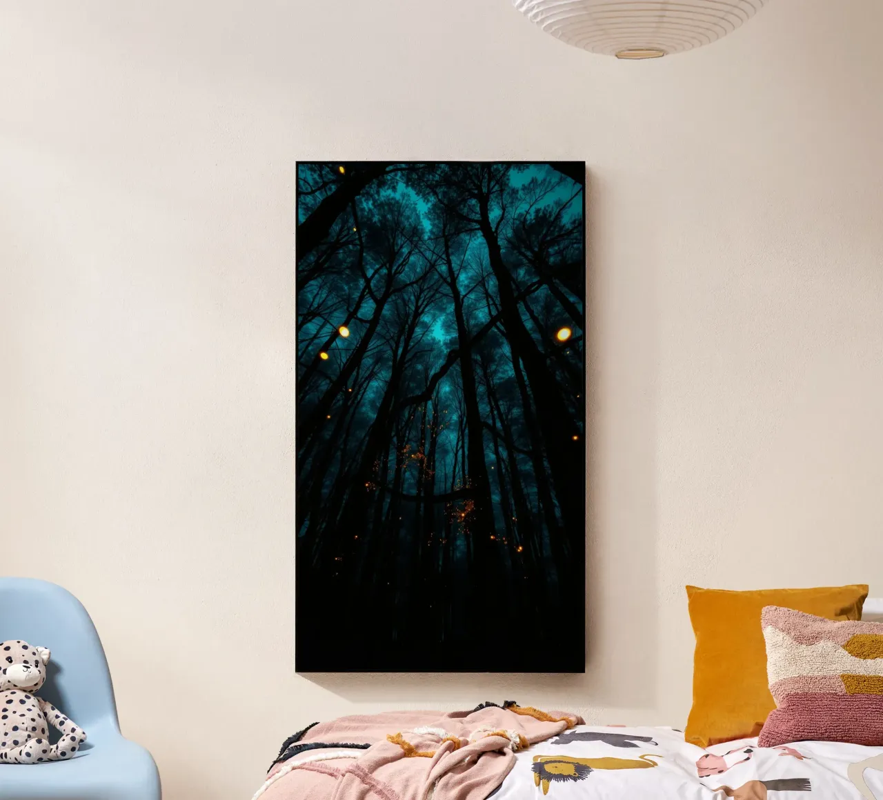 Explora un bosque azul de ensueño con luces resplandecientes metacrilato de DesignDoodle