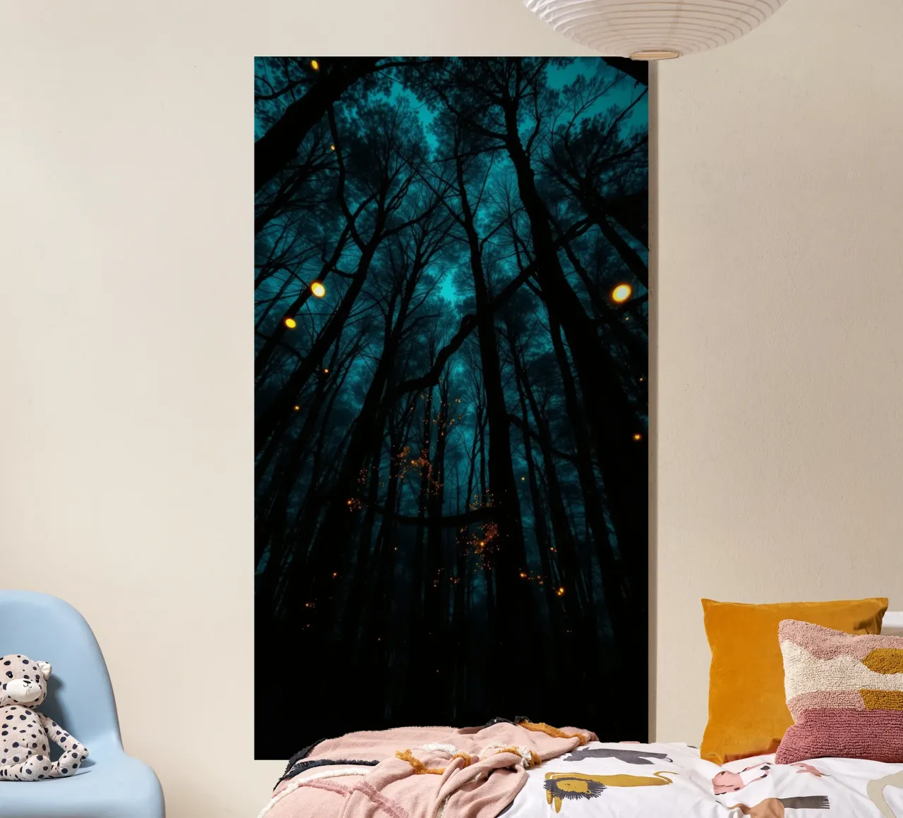 Explora un bosque azul de ensueño con luces resplandecientes metacrilato de DesignDoodle