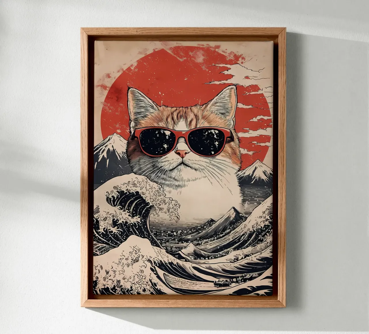 Cool Cat At the Great Wave canvas with Floater frame by Ginnery