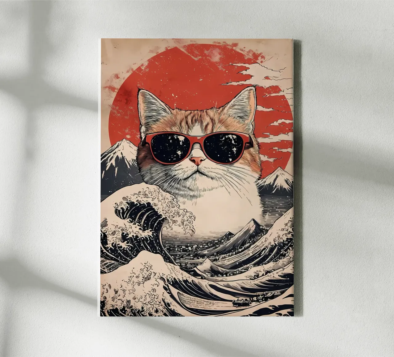 Cool Cat At the Great Wave canvas with Floater frame by Ginnery