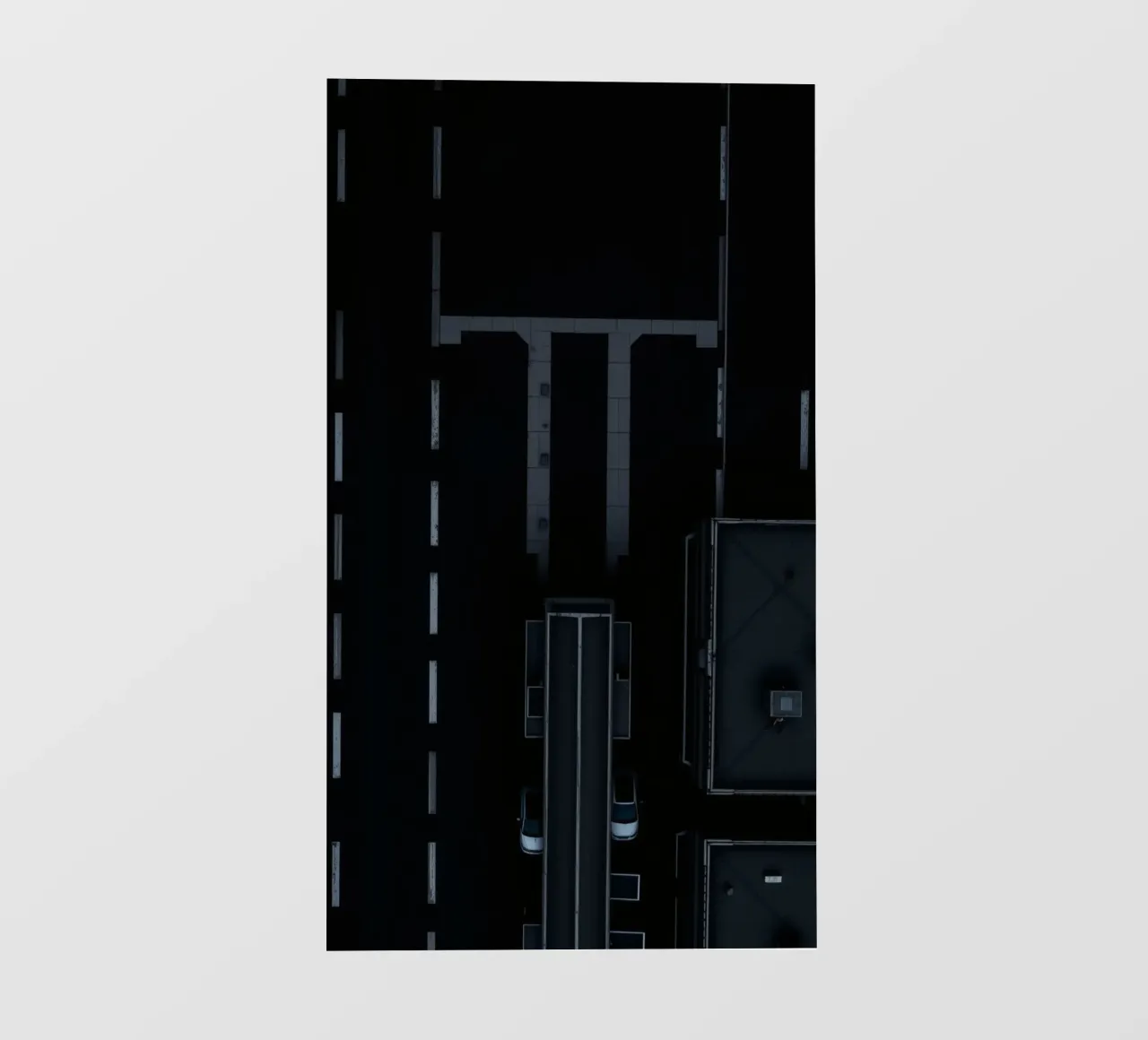 Exploration d'une zone urbaine sombre avec une route et un bâtiment abstraits bâche pvc de DesignDoodle